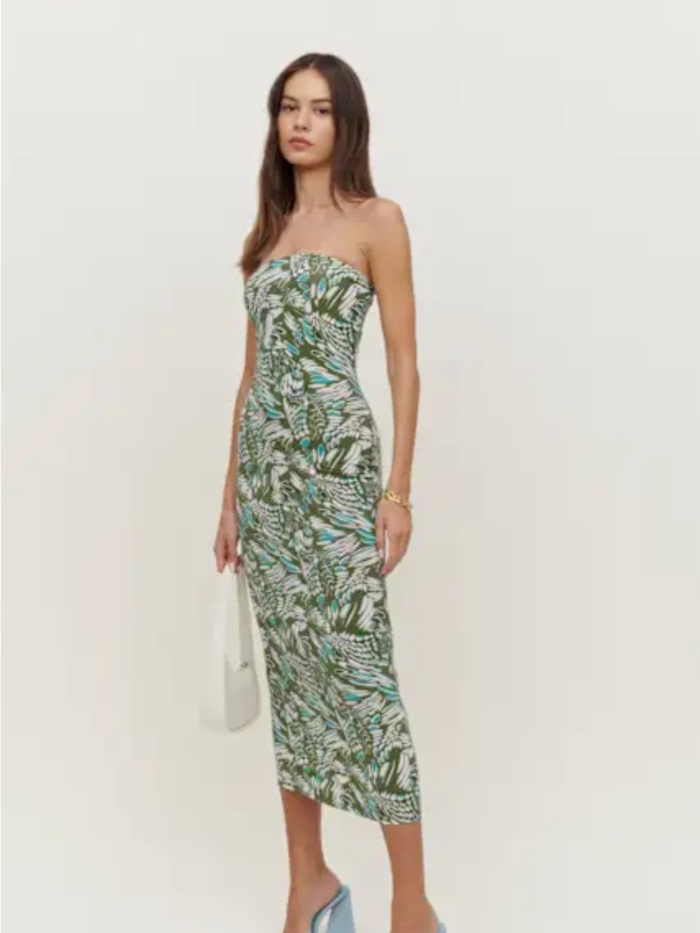 Reformation Olive Green Botanical-Print Midi Skirt